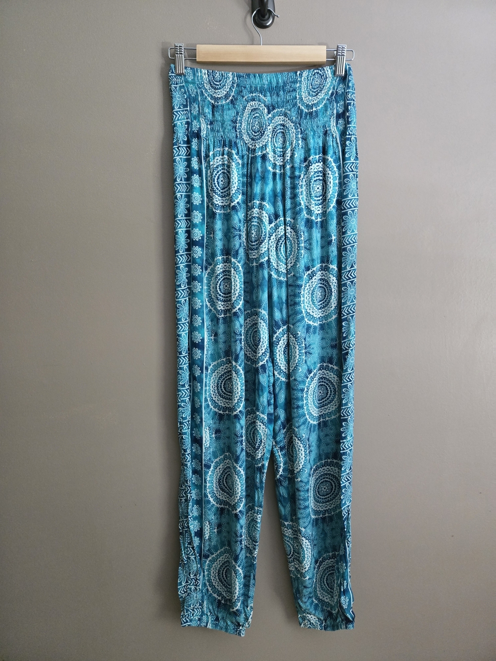 Lotus and Luna Wide Leg Harem Pants Teal White Boho Hippie Smocked Waist